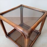 Table d'appoint vintage rotin et verre fumé années 70