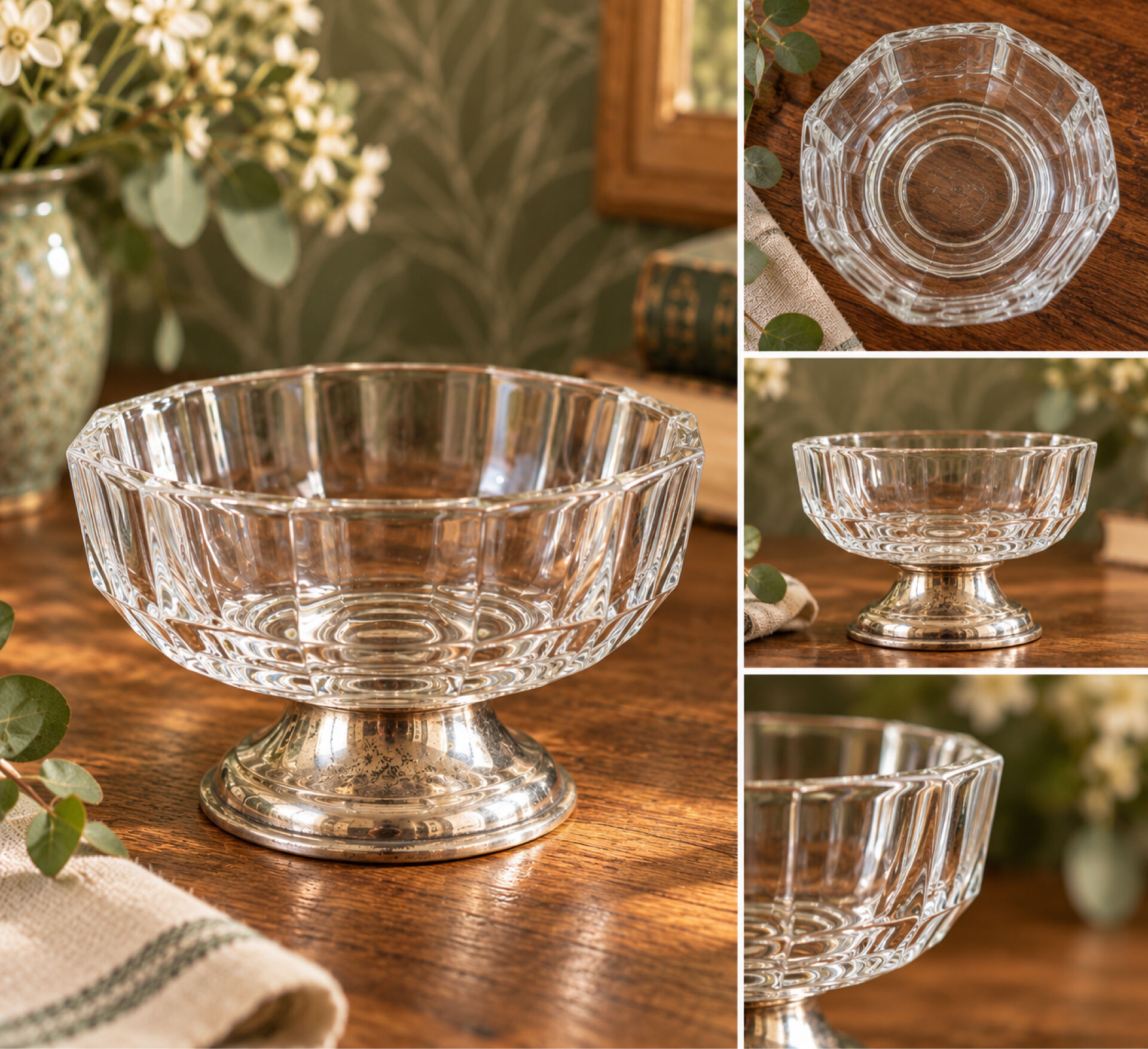 Small Art Deco glass bowl with facets & silver-plated metal.