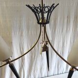 Modernist chandelier with 3 lights in gold and black metal, opaline tulip - 50s