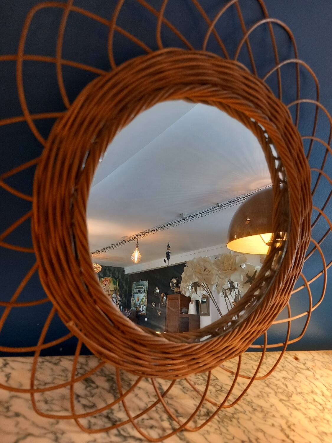 Sun mirror. Rattan .vintage