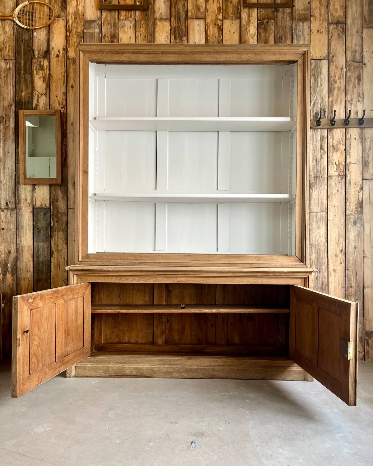 Two-body sideboard, bookcase, dresser in restored solid oak
