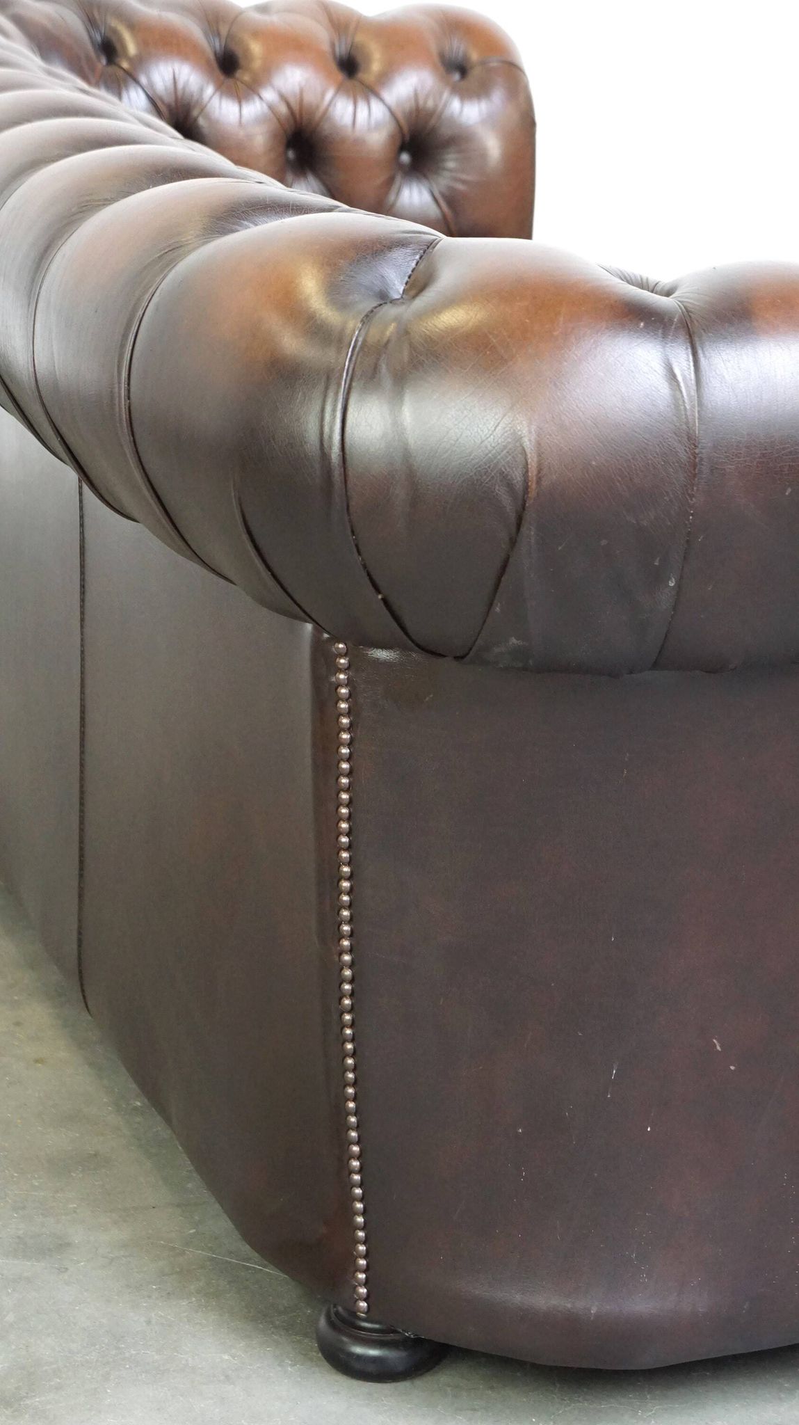 English Chesterfield 2.5 seater sofa in dark brown flamed cowhide leather