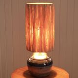 Blue and gold ceramic lamp by Georges Pelletier, raffia lampshade