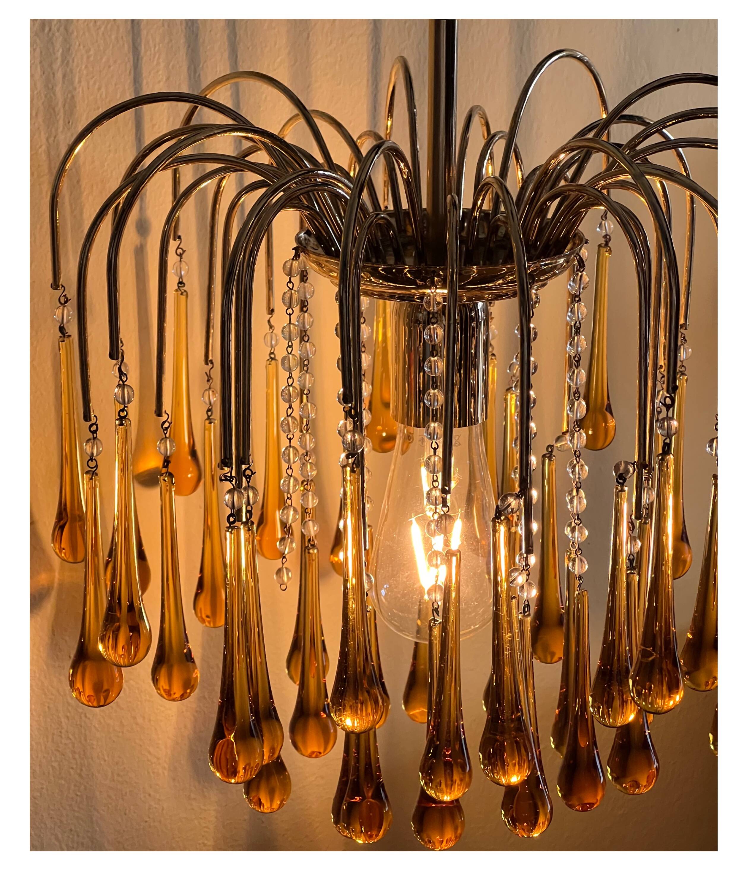Vintage Murano Amber Glass Teardrop Chandelier - 1960-70s