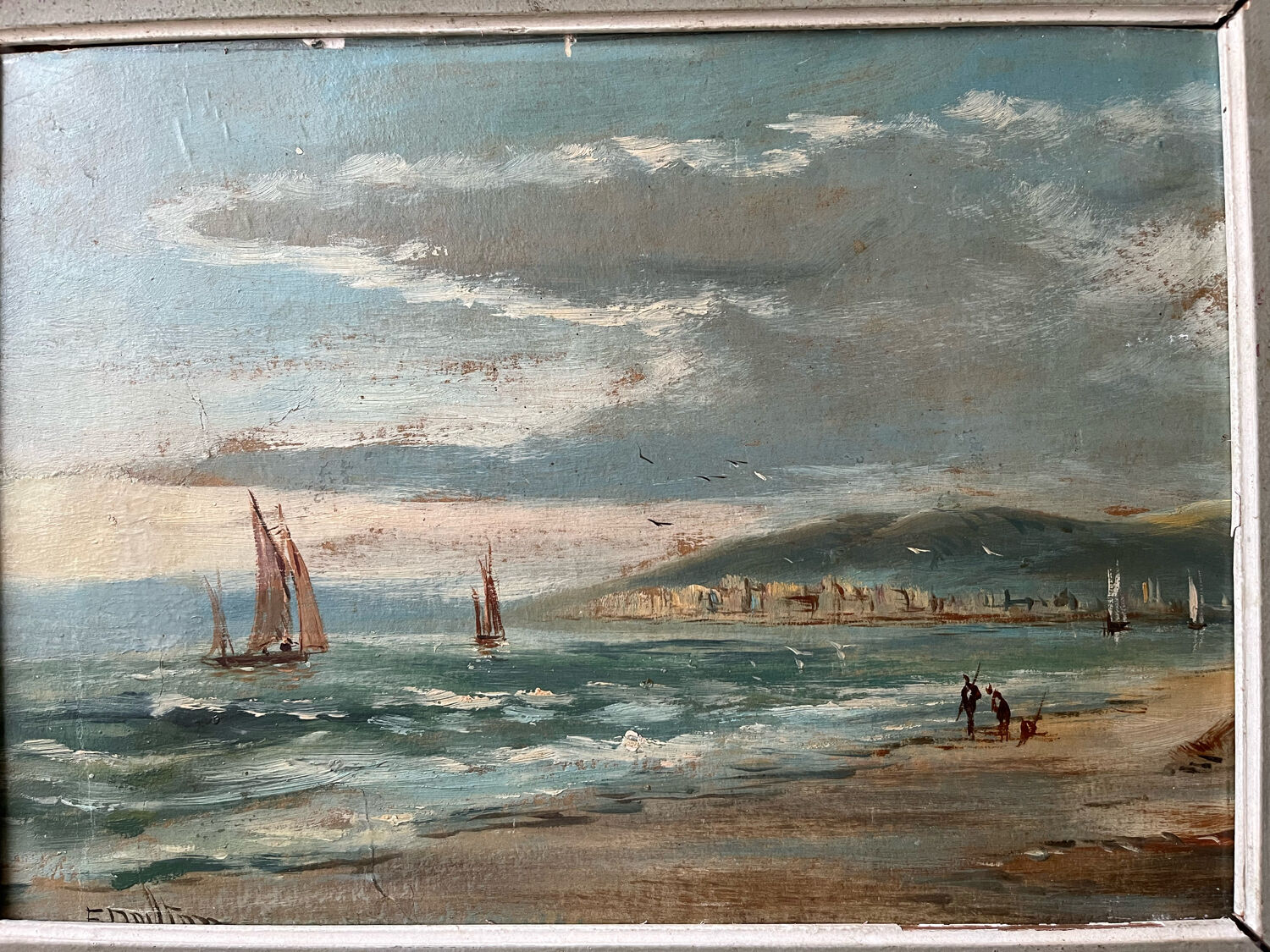 La baie, huile sur carton, cadre stuc doré