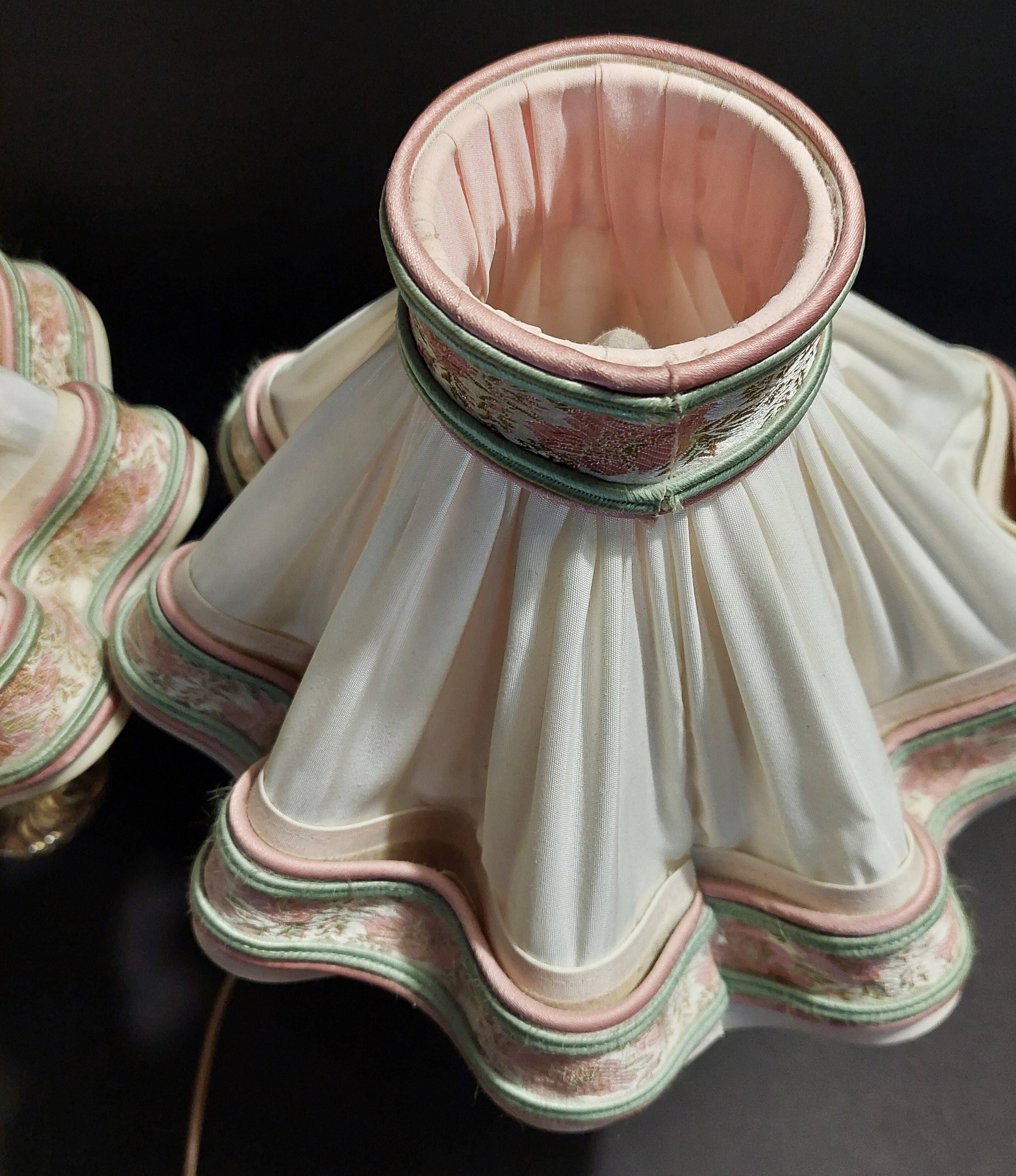 Pair of vintage bedside lamps with brass petticoat shades, 20th century