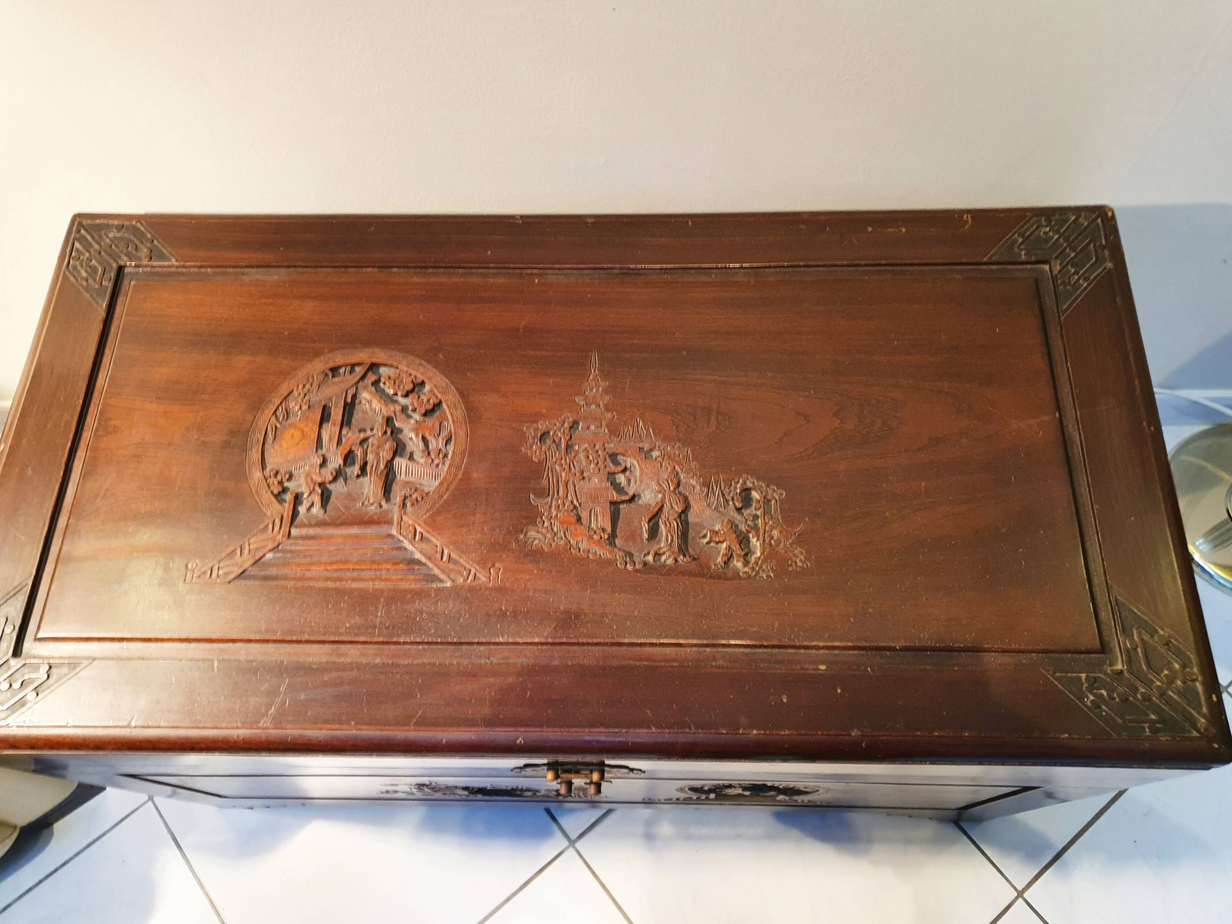 Chinese wedding chest in carved wood