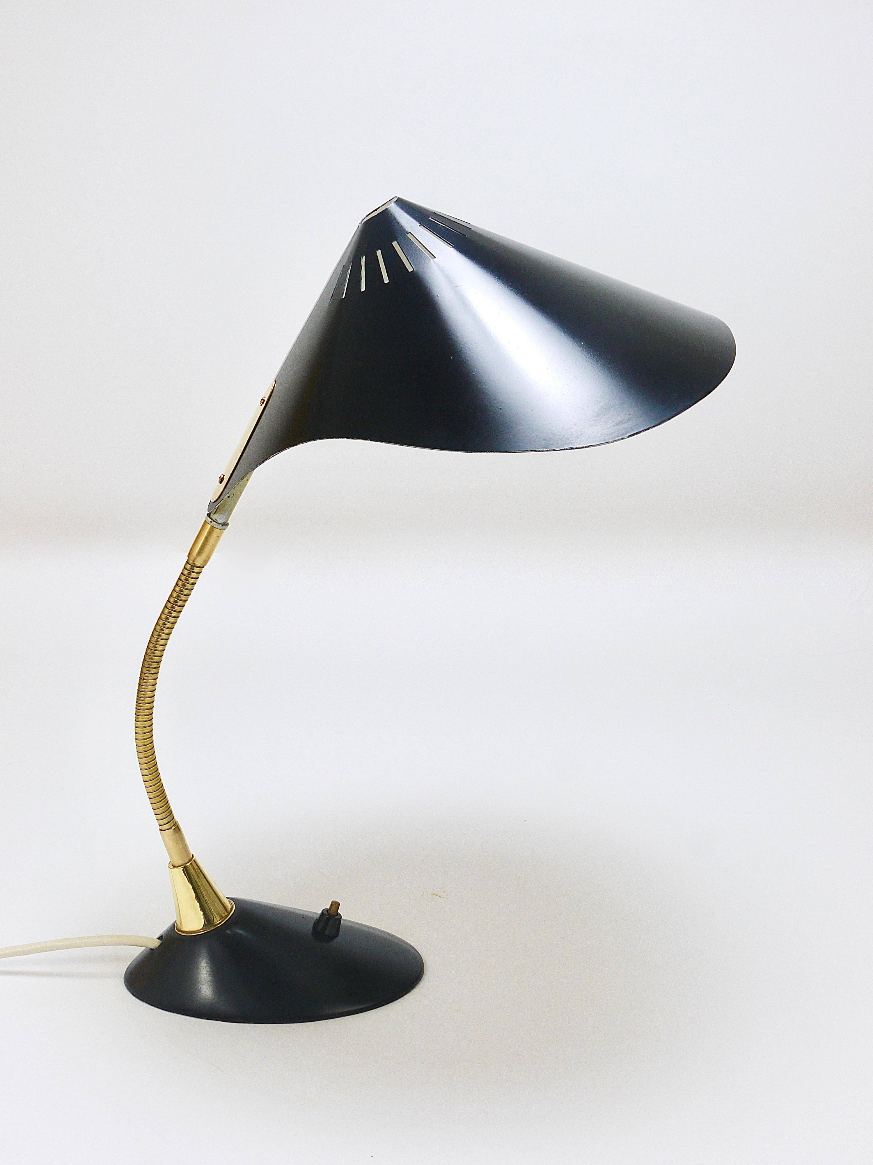 1950s Cosack Cobra black desk or table lamp in brass, mid-century, Stilnovo style.