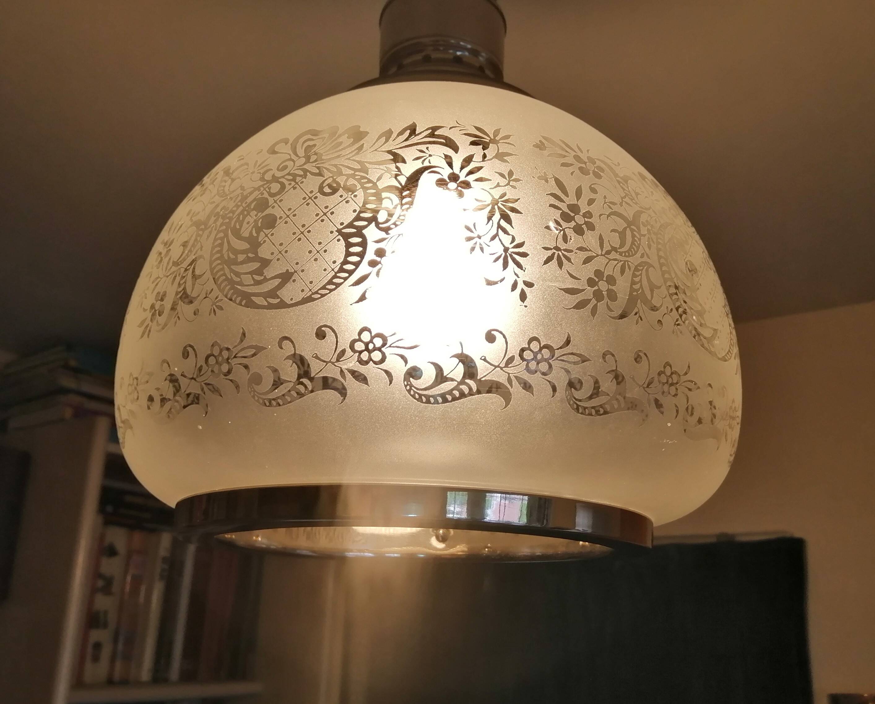 Large engraved glass globe pendant mounted on chrome steel, Art Deco.