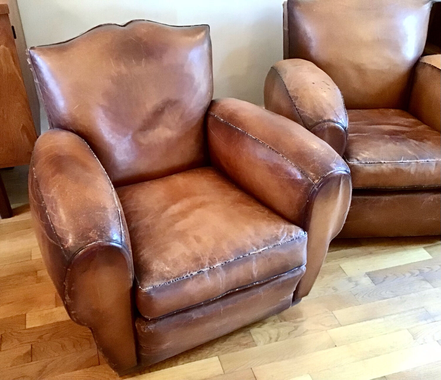 Pair armchairs club leather mustache art deco