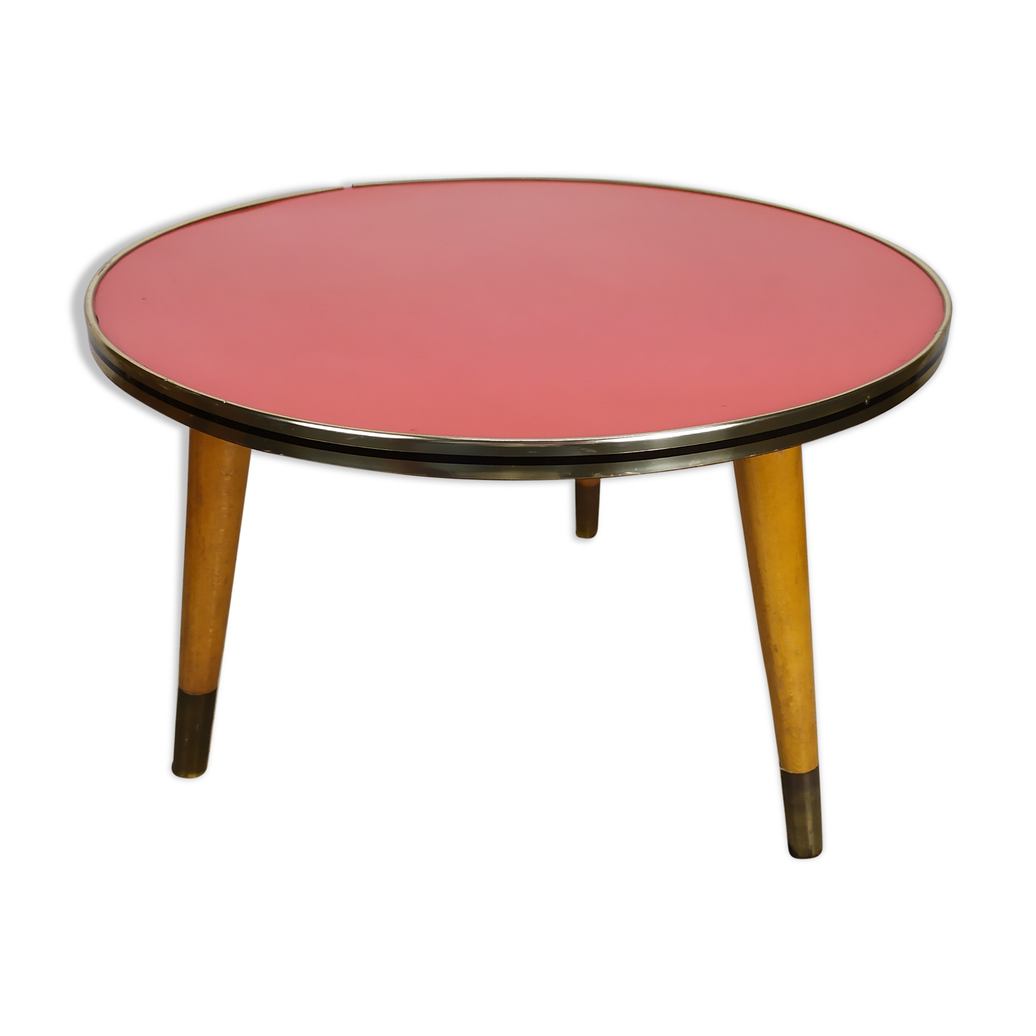 Guéridon petite table basse ronde rouge vintage tripode porte plante formica