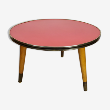 Guéridon petite table basse ronde rouge vintage tripode porte plante formica