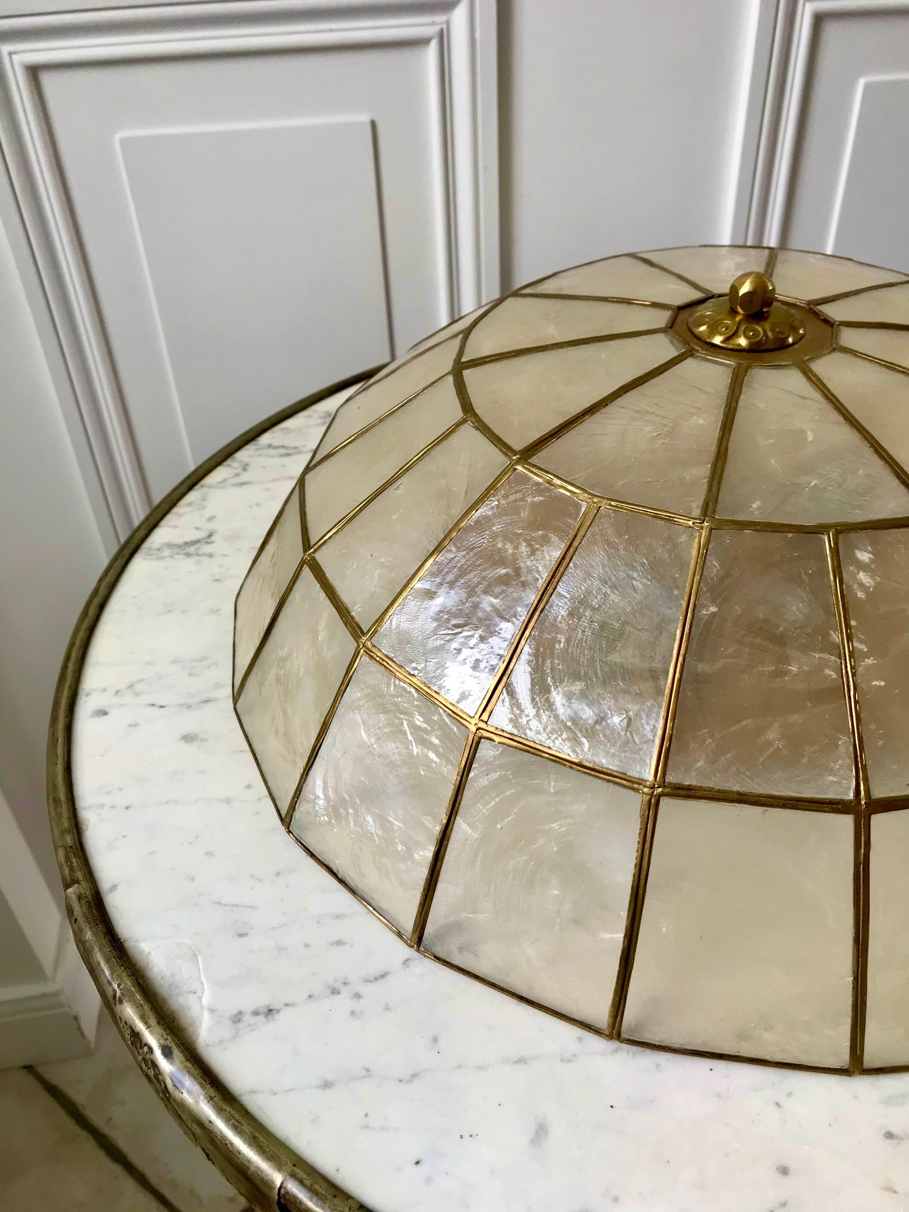 Ceiling lamp in mother-of-pearl and brass two fires 50s