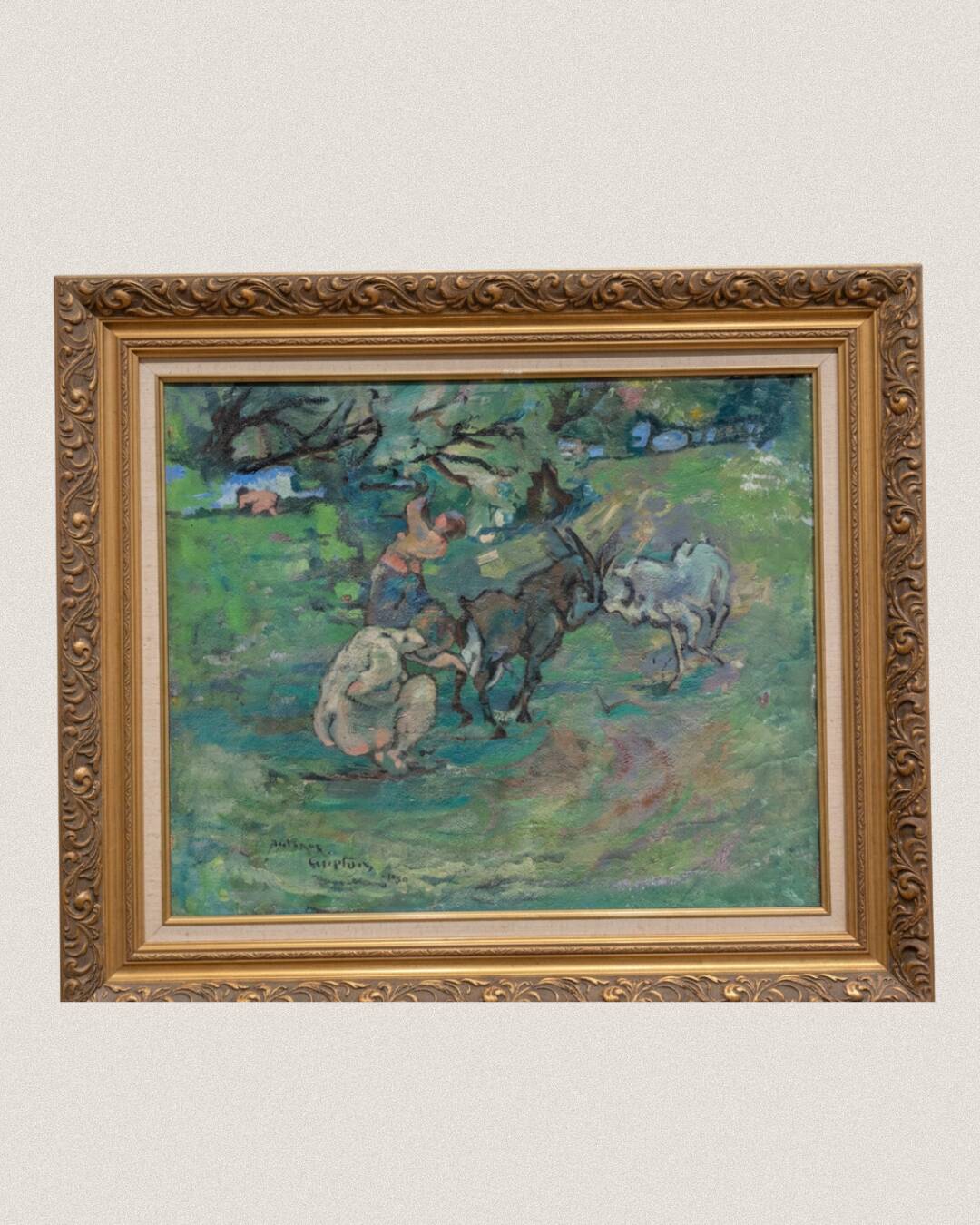 Tableau huile sur toile, chèvres et paysannes, 1930