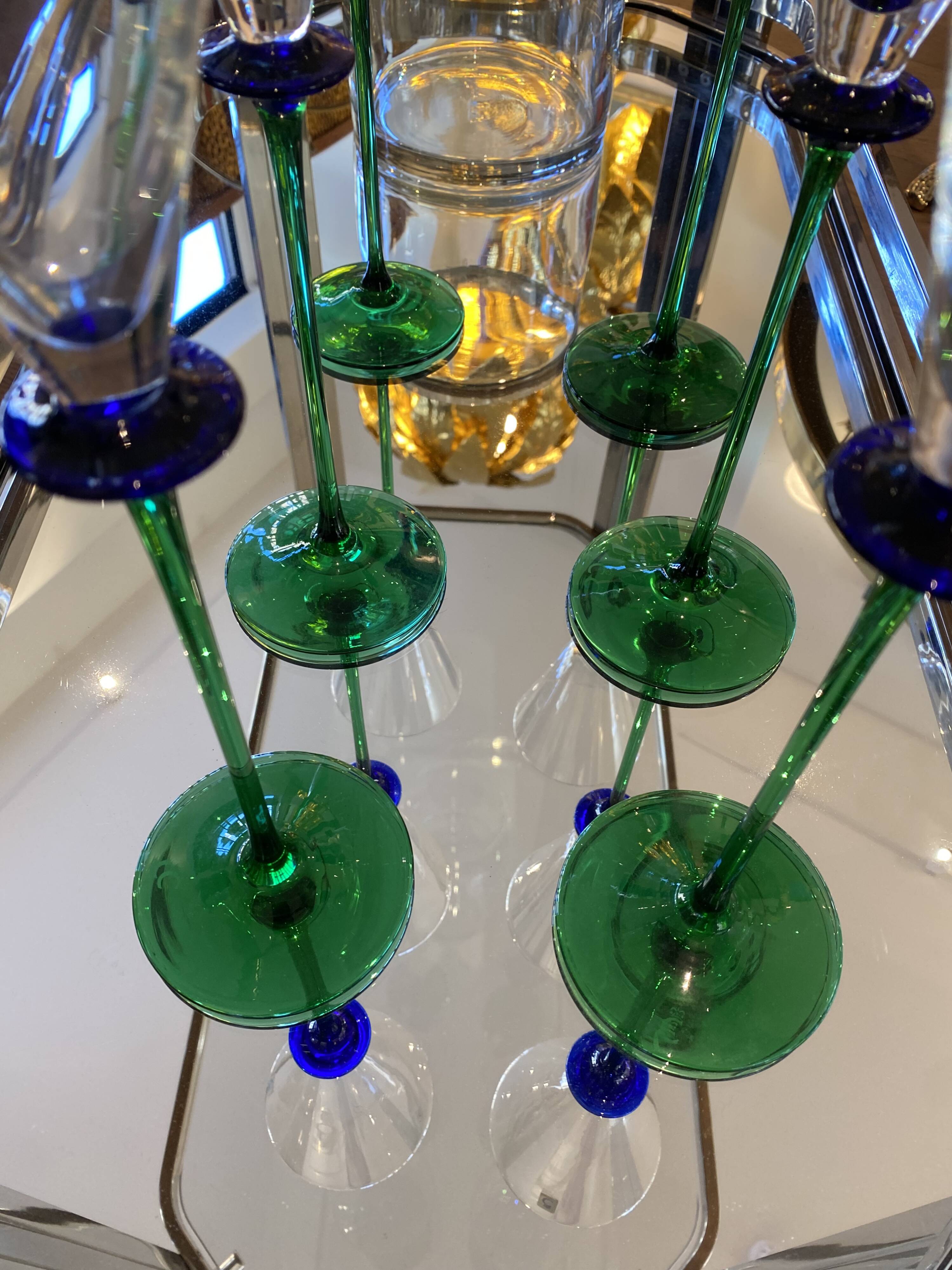 A Set of 6 Hand-blown Emerald Green Cobalt Blue Stem Champagne Flutes Art
