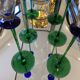 A Set of 6 Hand-blown Emerald Green Cobalt Blue Stem Champagne Flutes Art