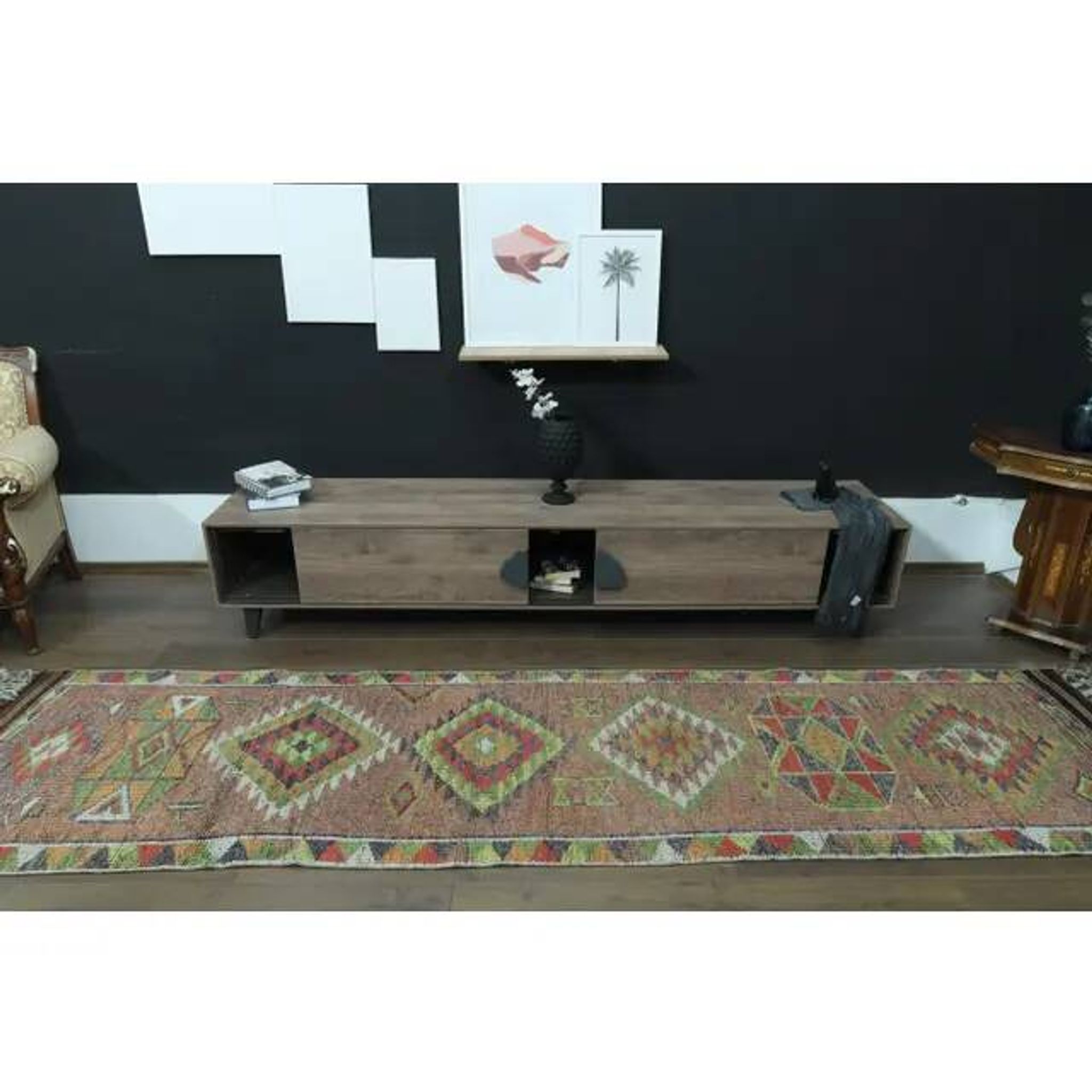 1970s Vintage Turkish Oushak Handmade Wool Cotton Orange Runner Rug 85x358