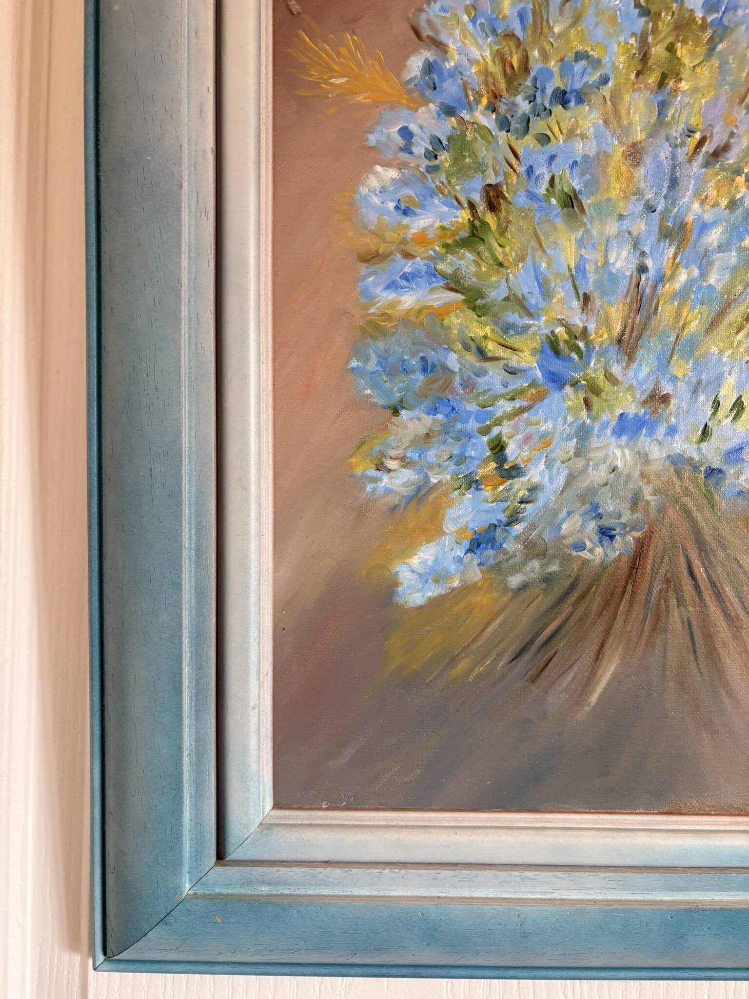 oil painting canvas still life flower bouquet blue violet Lyla
