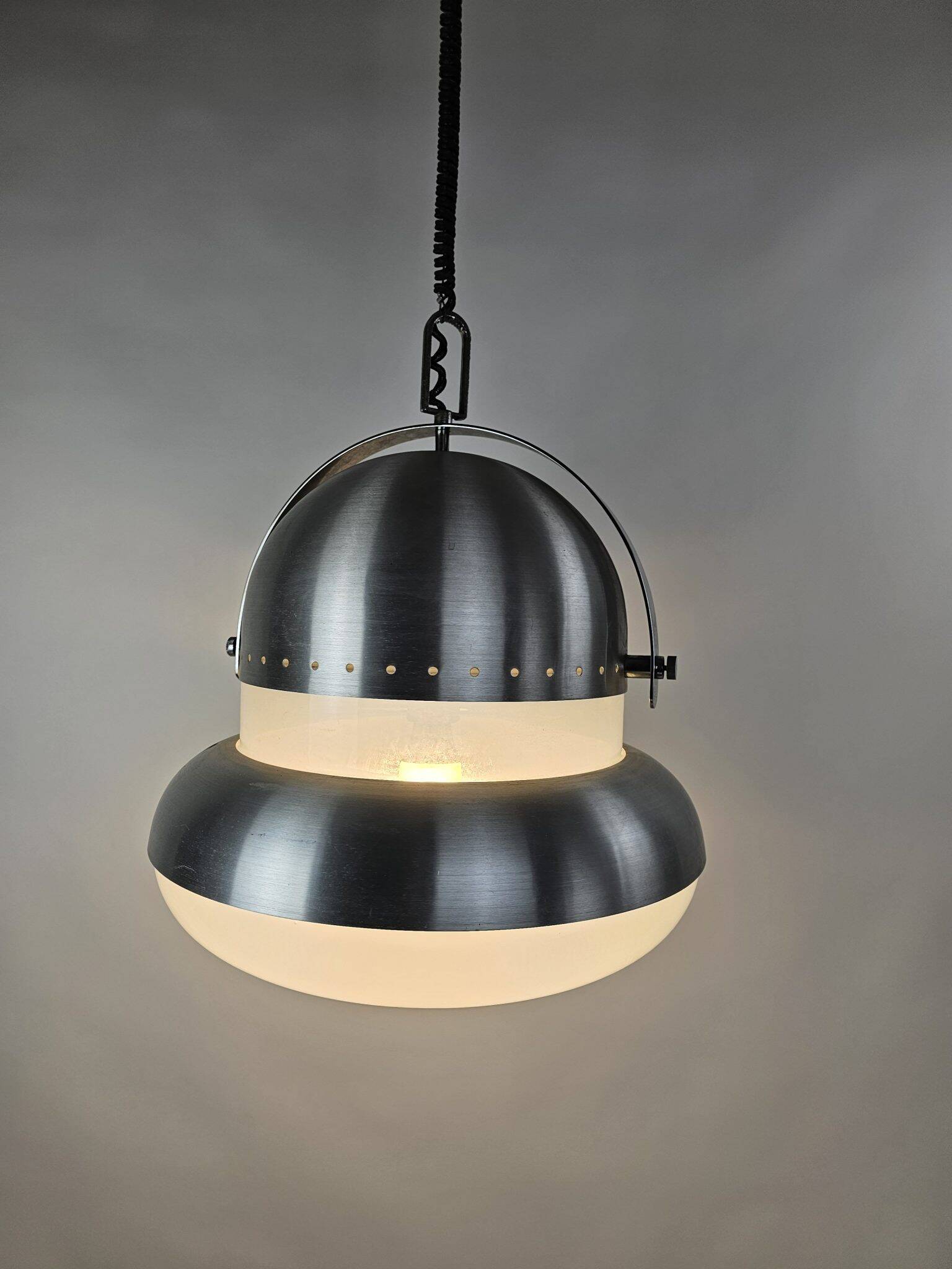 Large pendant lamp in brushed metal and opaline glass, Italy 1970s