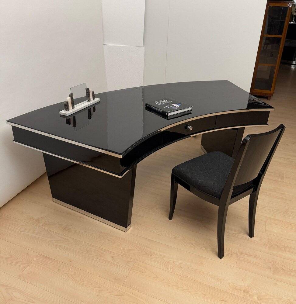 Art Deco desk in black lacquer, walnut & metal, France, 1950