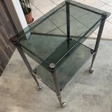 Vintage 1950s silver metal bar cart with wheels and two glass shelves