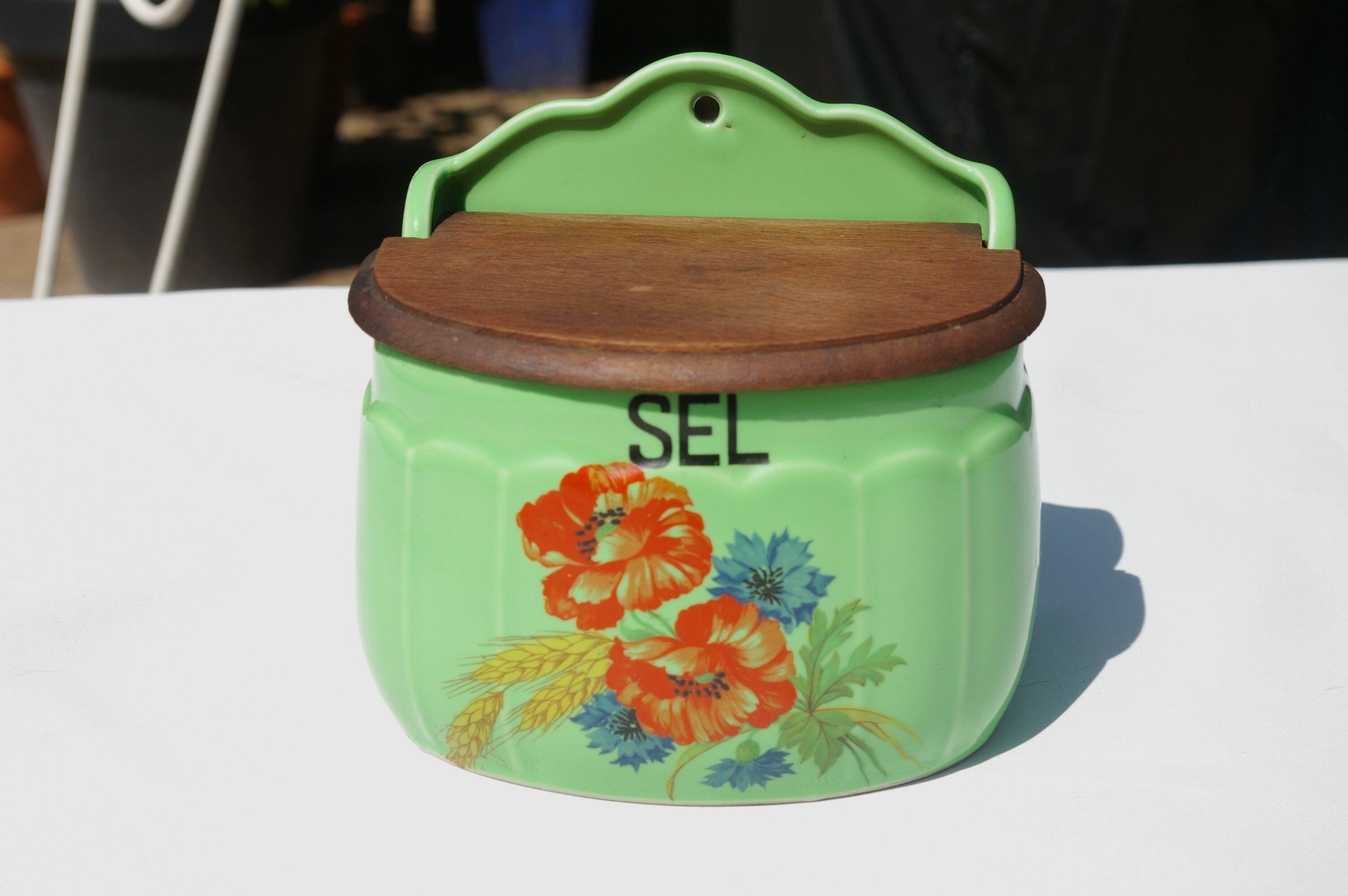 Vintage Ceramic and Wood Salt Box - Rare green color