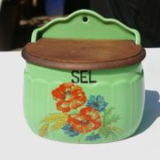 Boîte à Sel vintage en céramique et bois - Rare couleur verte