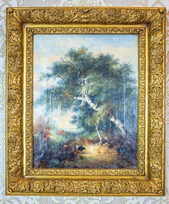 Cows in the Brush, 19th-20th Century, Oil on Canvas, Framed