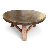 Round brutalis coffee table with brass / copper top / 1960s