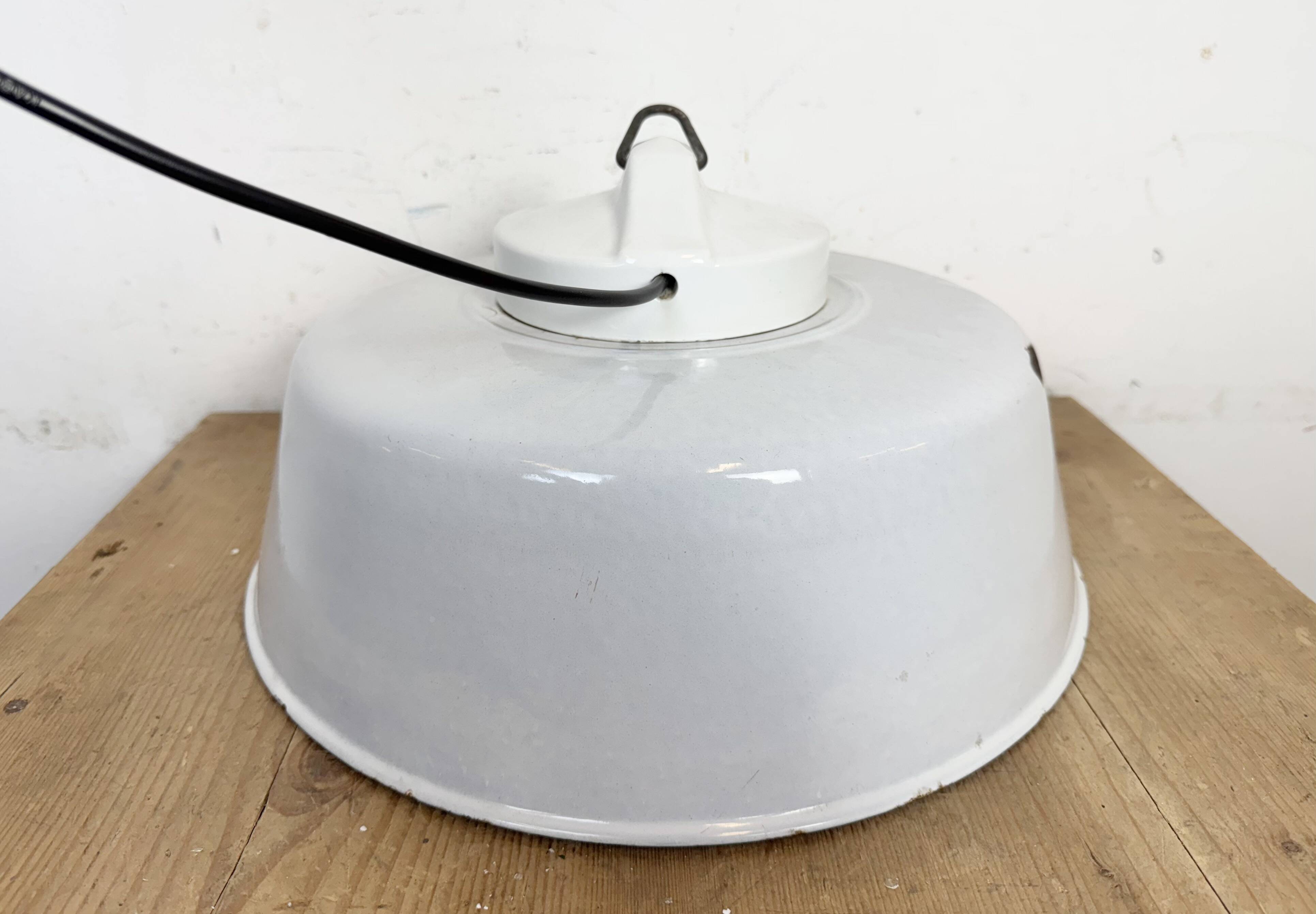 Industrial Grey Enamel Factory Pendant Lamp with Glass Cover, 1960s