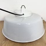 Industrial Grey Enamel Factory Pendant Lamp with Glass Cover, 1960s