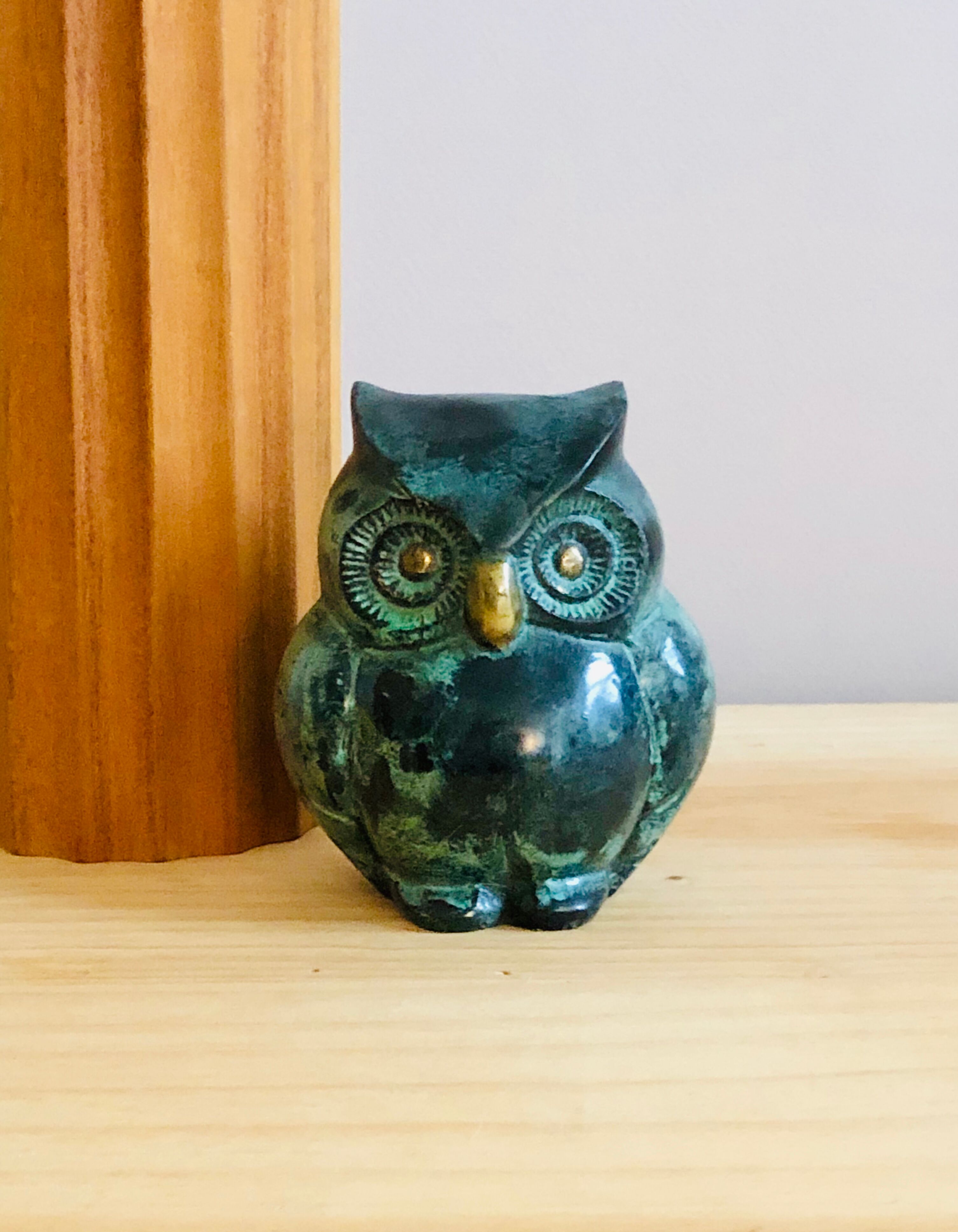 Grey-green enamelled brass owl