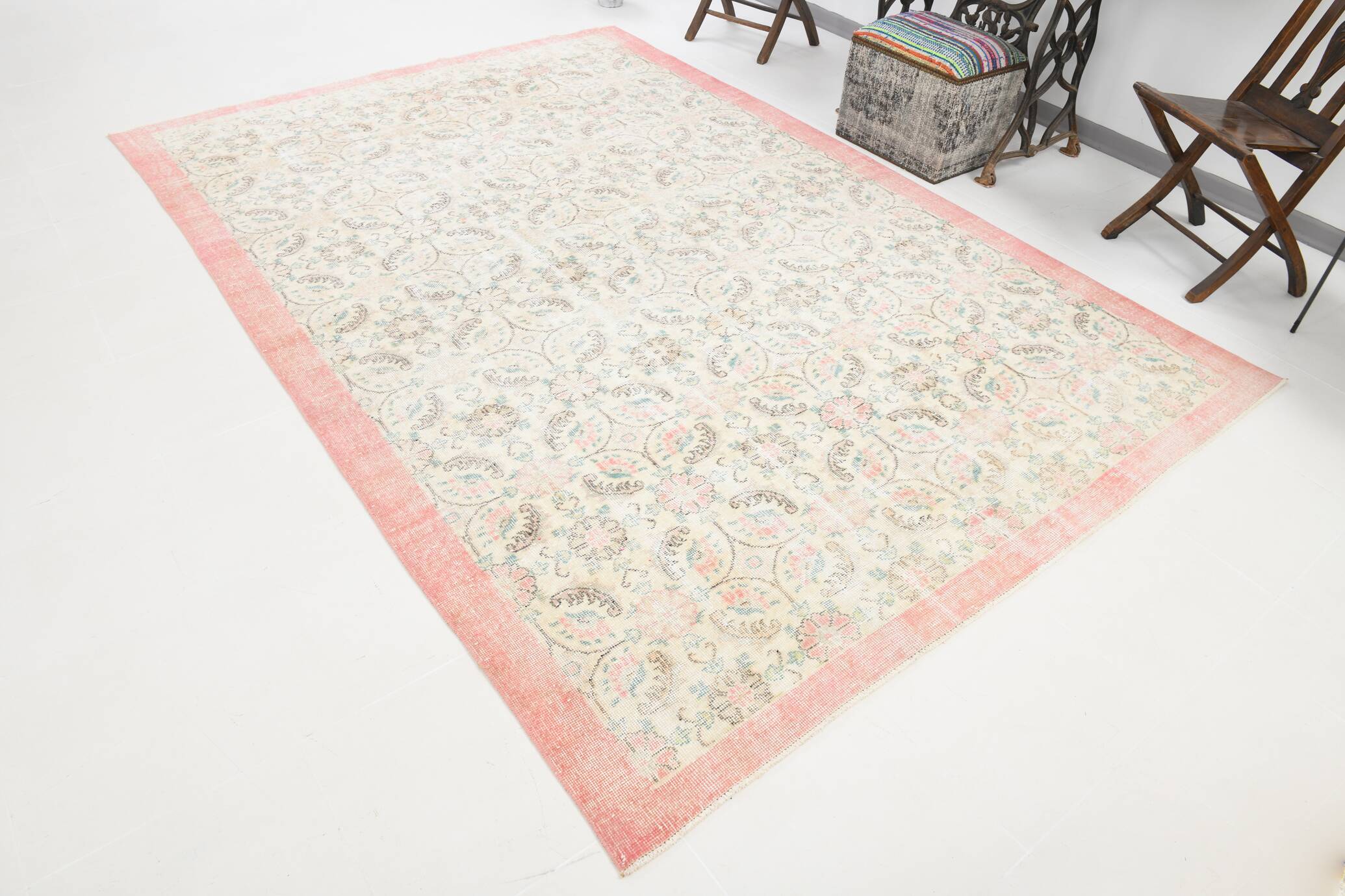 7x10 Rug For Living Room Beige Floral Turkish Rug, 203x303Cm SK20555