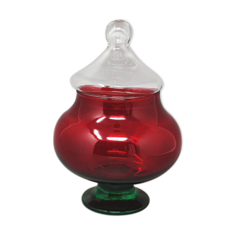 1960s Astonishing Red and Green Jar in Empoli Glass by Rossini. Made in Italy