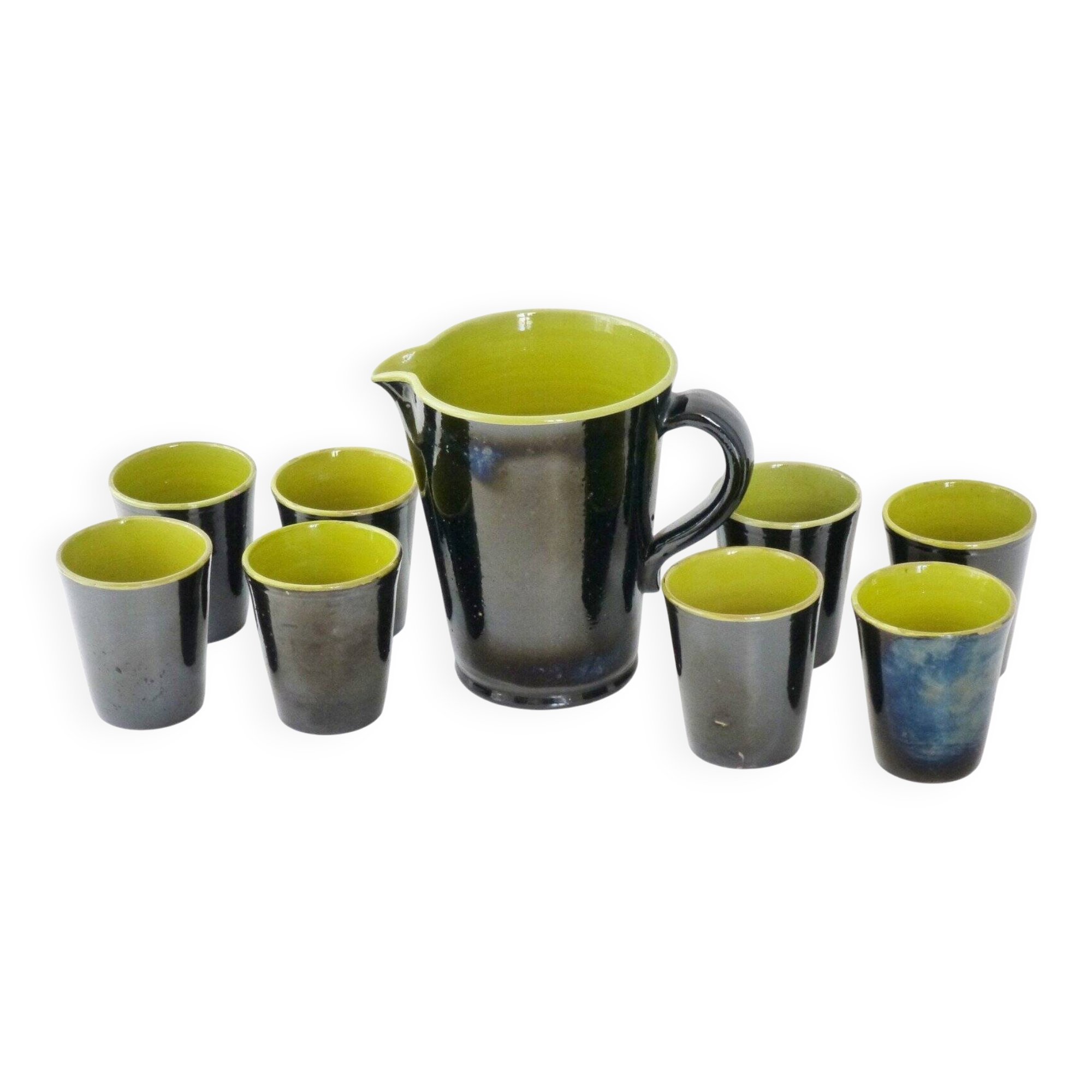 Vintage 1960s two-tone orangeade service, 9 ceramic pieces.
