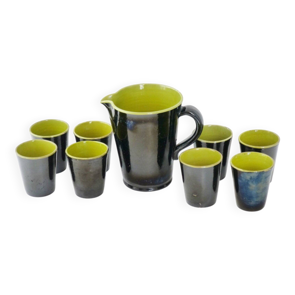 Service orangeade bicolore 9 pièces céramique vintage années 1960