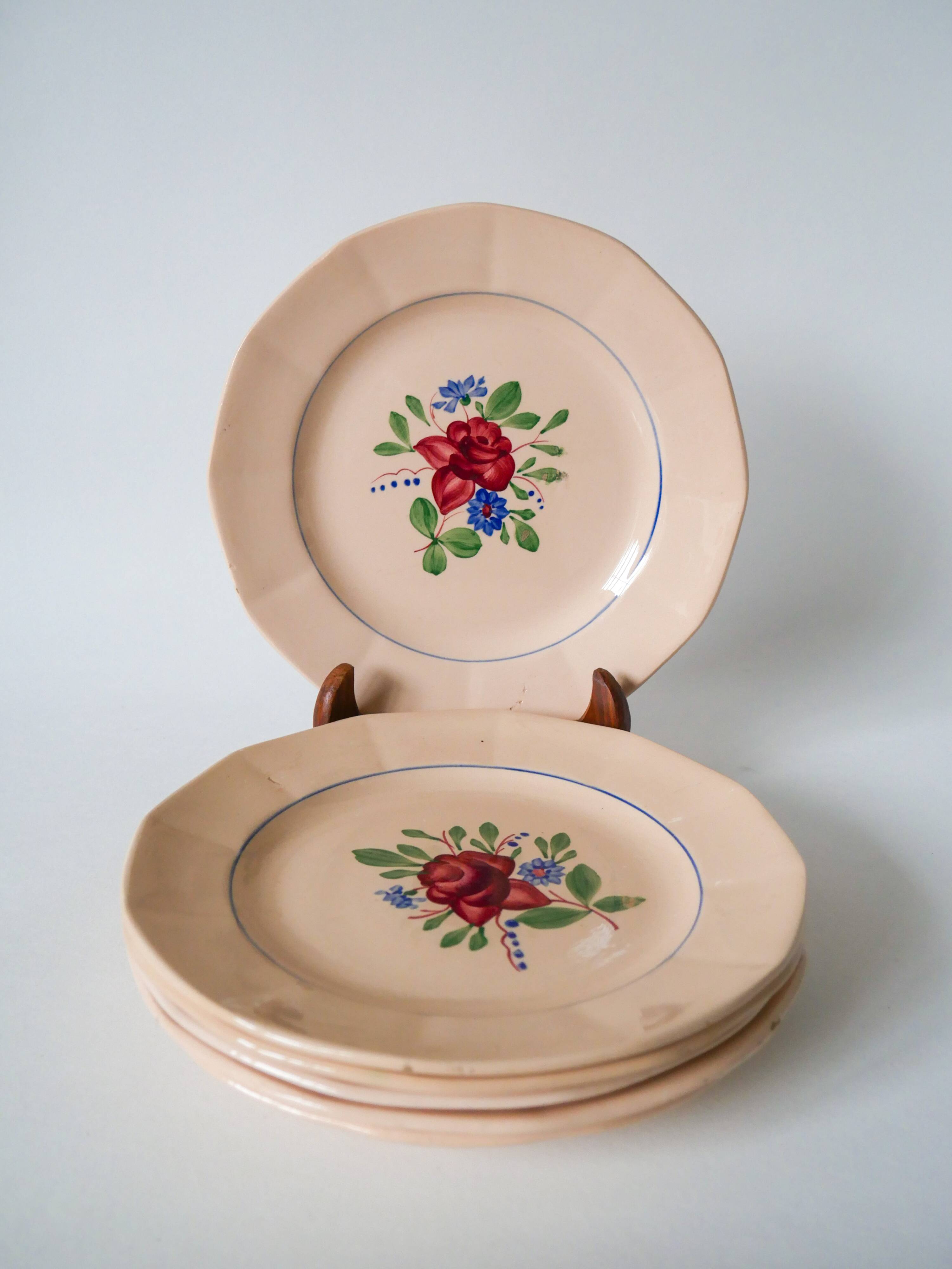 Set of 6 digoin sarreguemines dessert plates with pink flowers
