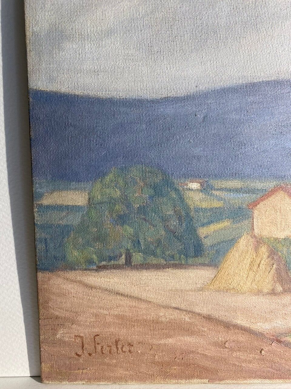 Old painting, landscape Monts du Lyonnais, signed and dated 1947