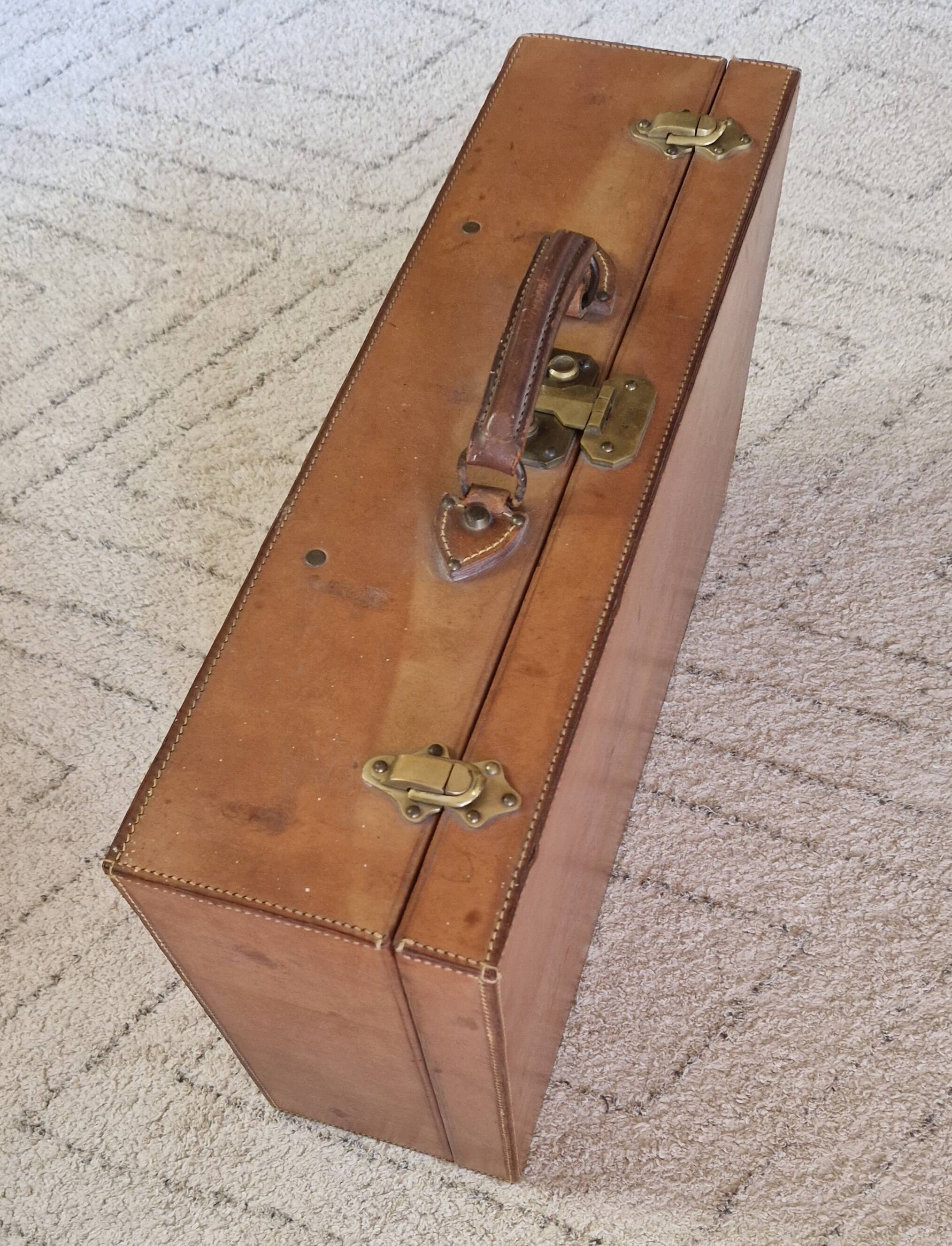 Antique leather and brass trunk/suitcase, high-end luggage circa 1930