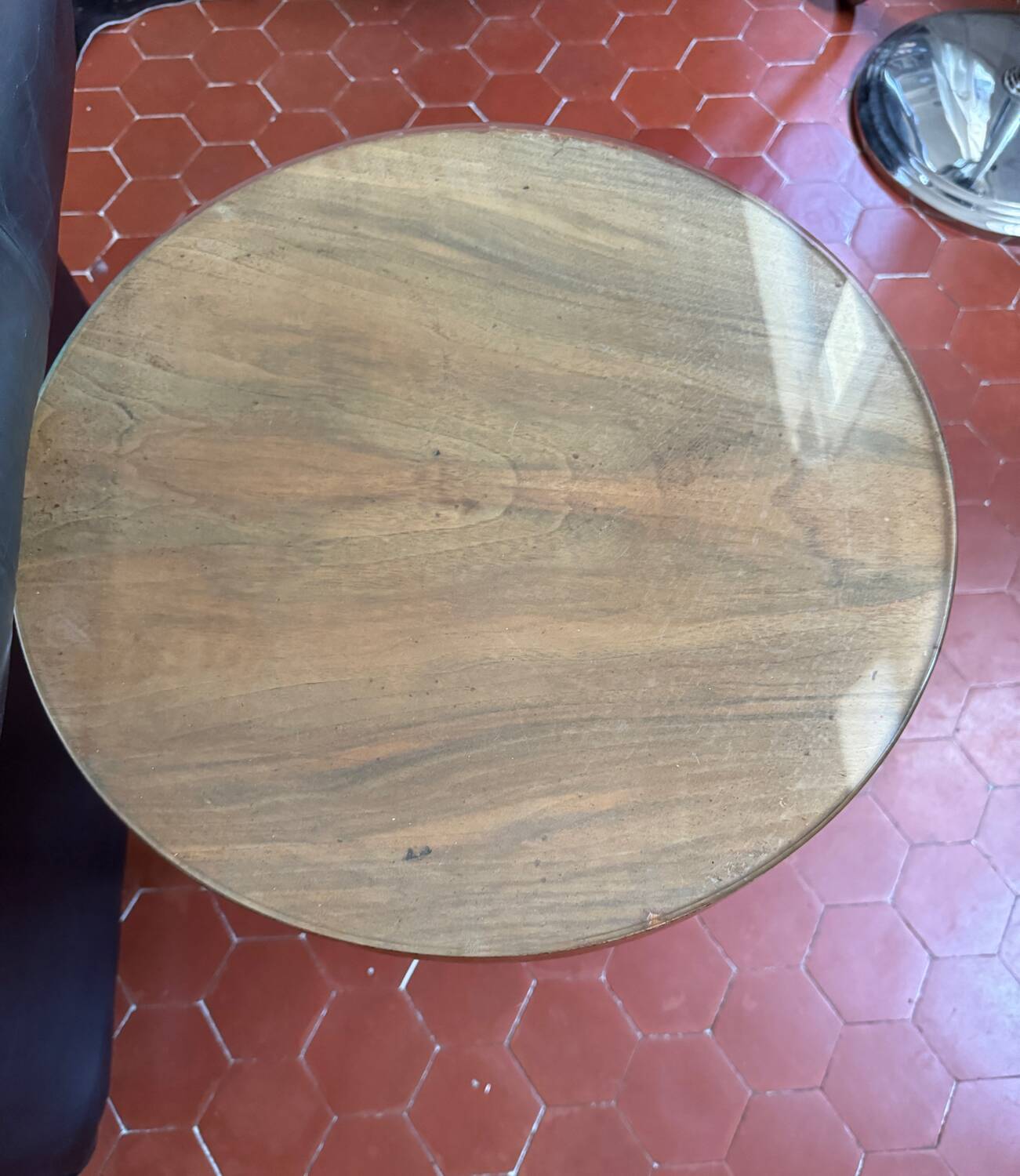 Small wooden and chrome pedestal table from the 1930s with a glass