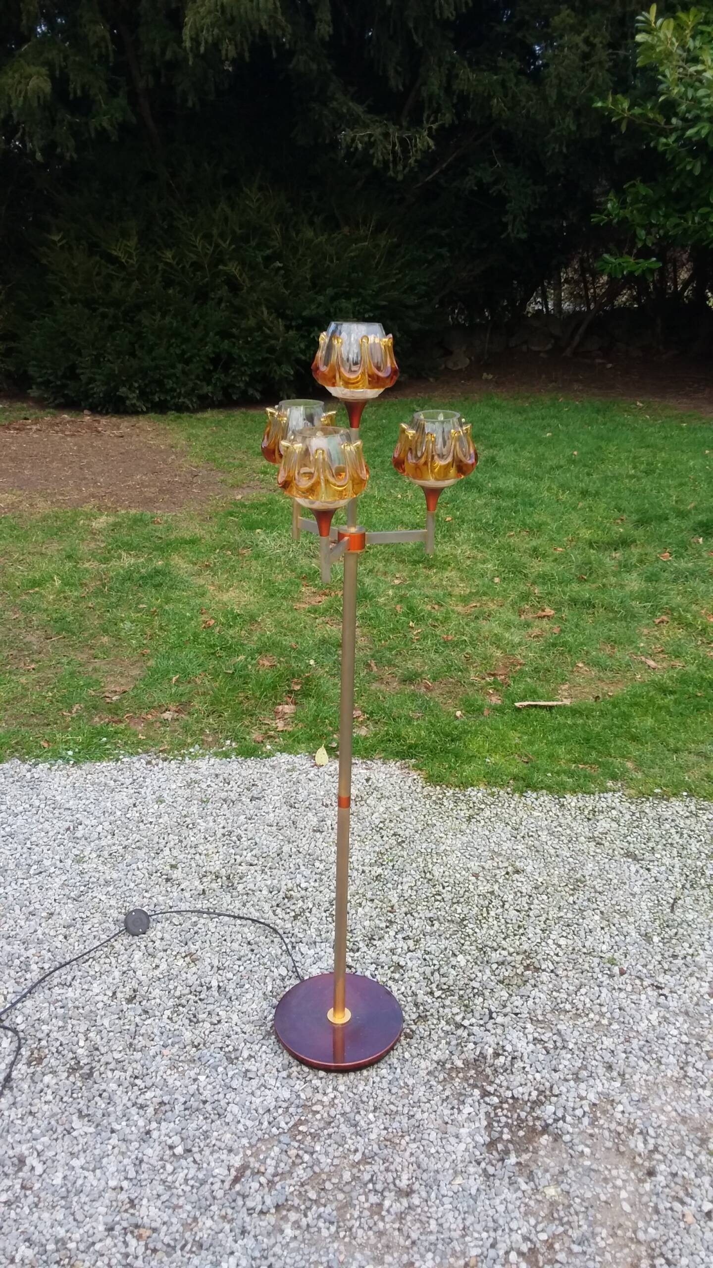 1970s design floor lamp in gold and orange chrome metal with 4 glass tulips