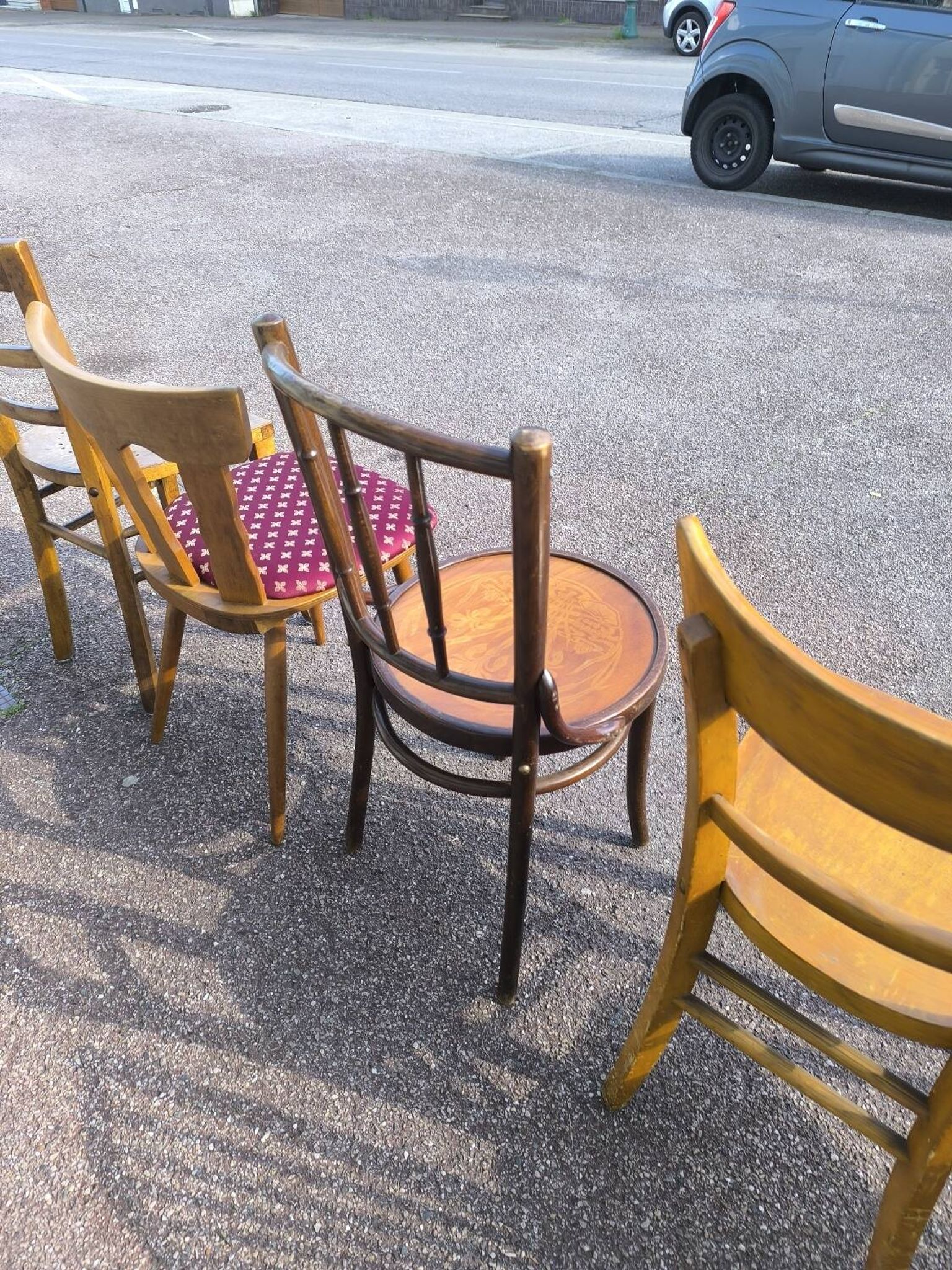 Set of 6 mismatched vintage wooden bistro chairs