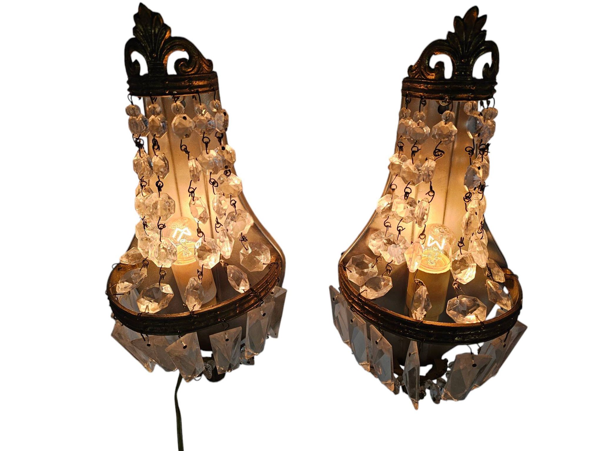2 wall lamps - gold plated - crystal - 60's