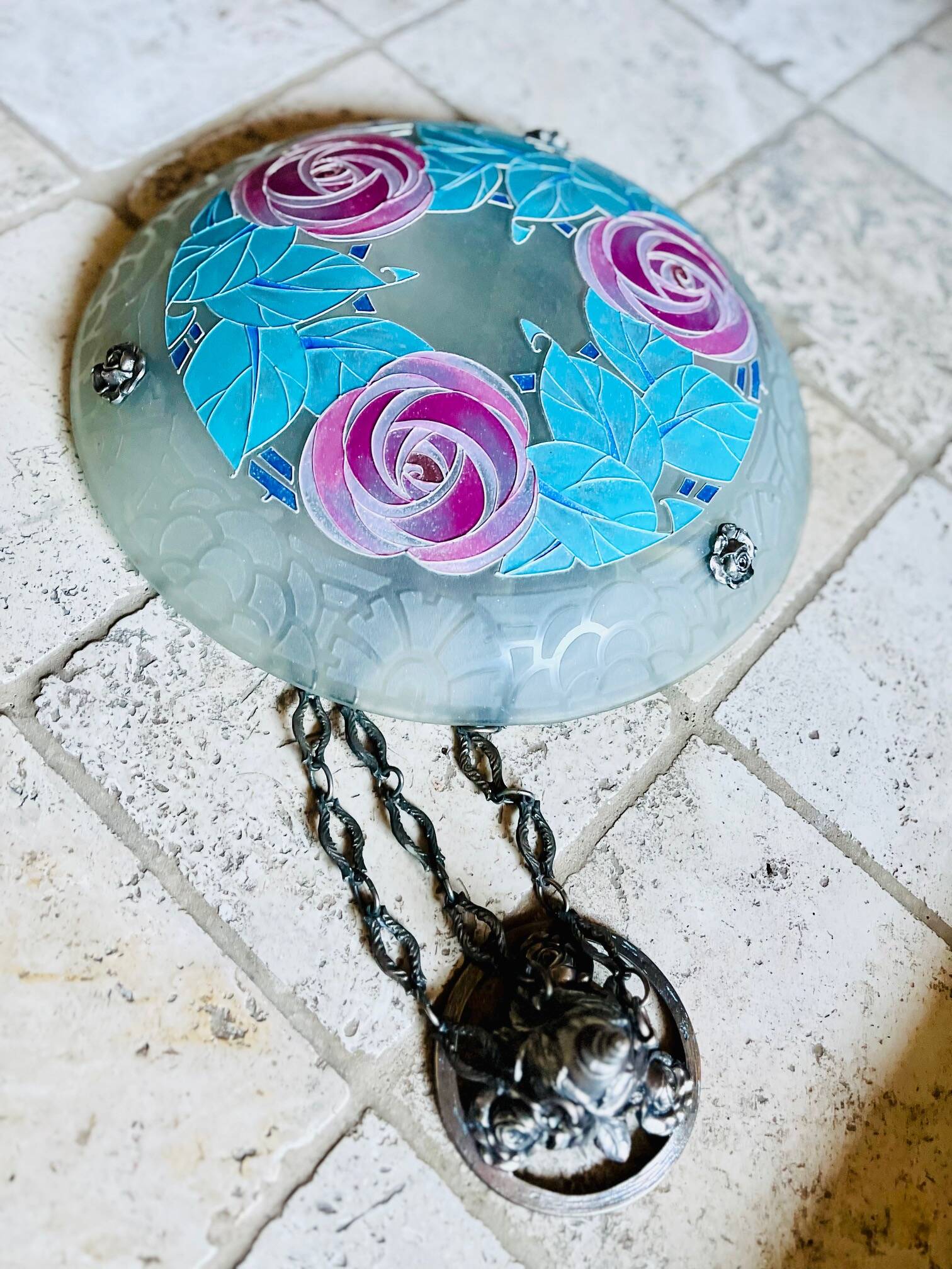 Beautiful Art Deco Loys Lucha chandelier with roses motif