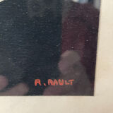 Abstract composition - gouache, signed R. Rault, vintage wooden frame