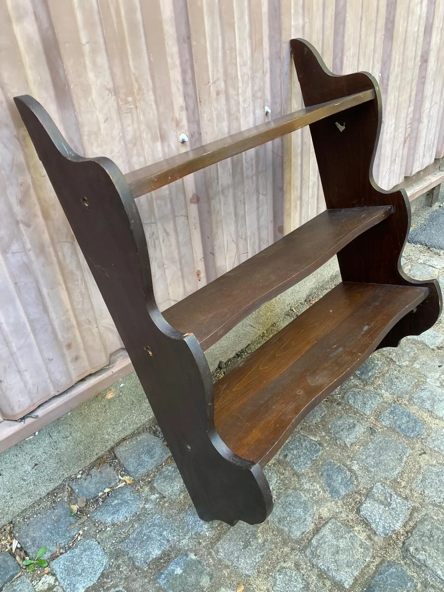 Vintage wall shelf with ornate cutouts in dark wood, 68x88cm, 3 levels, 1950.