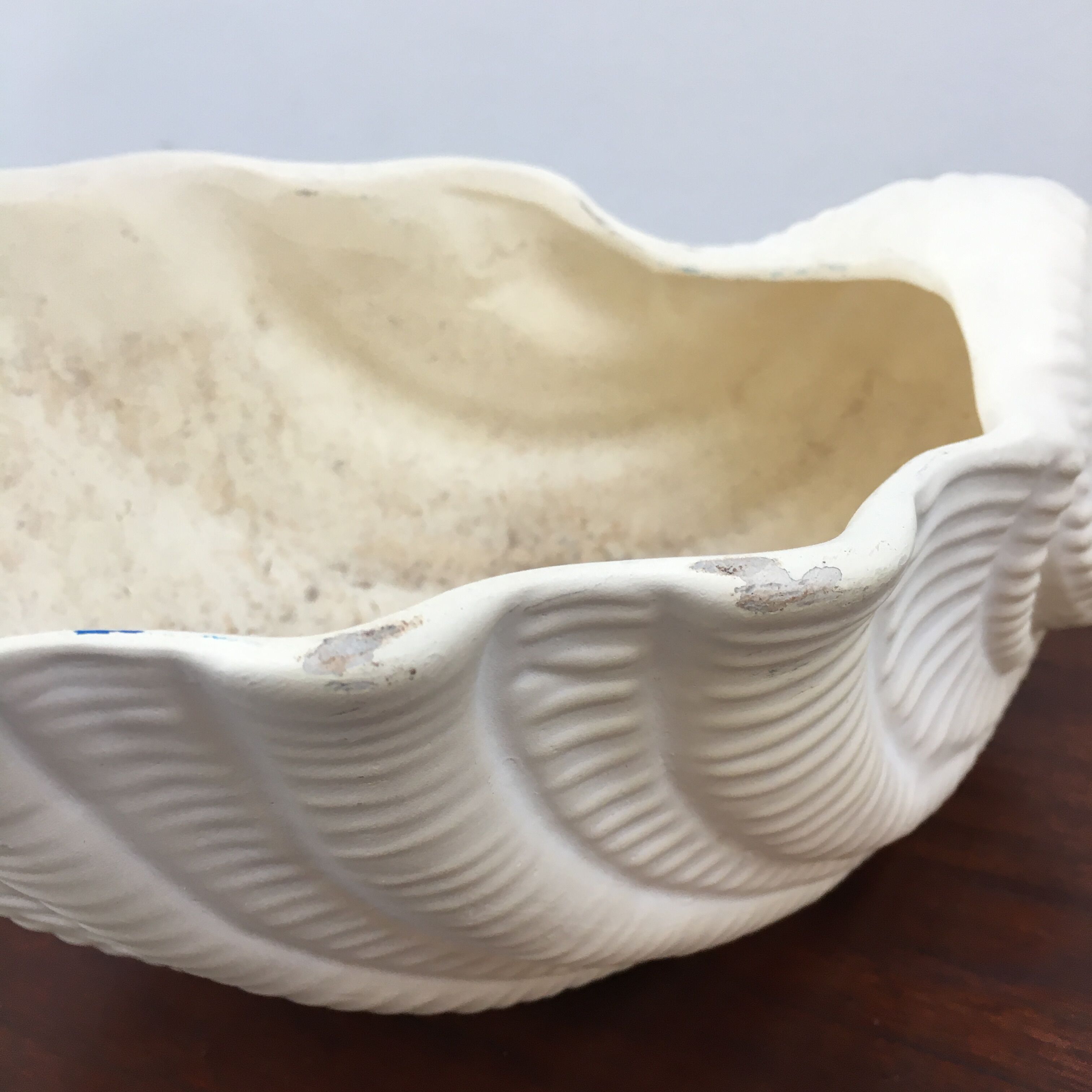 Shell-shaped pot cover in matt white ceramic