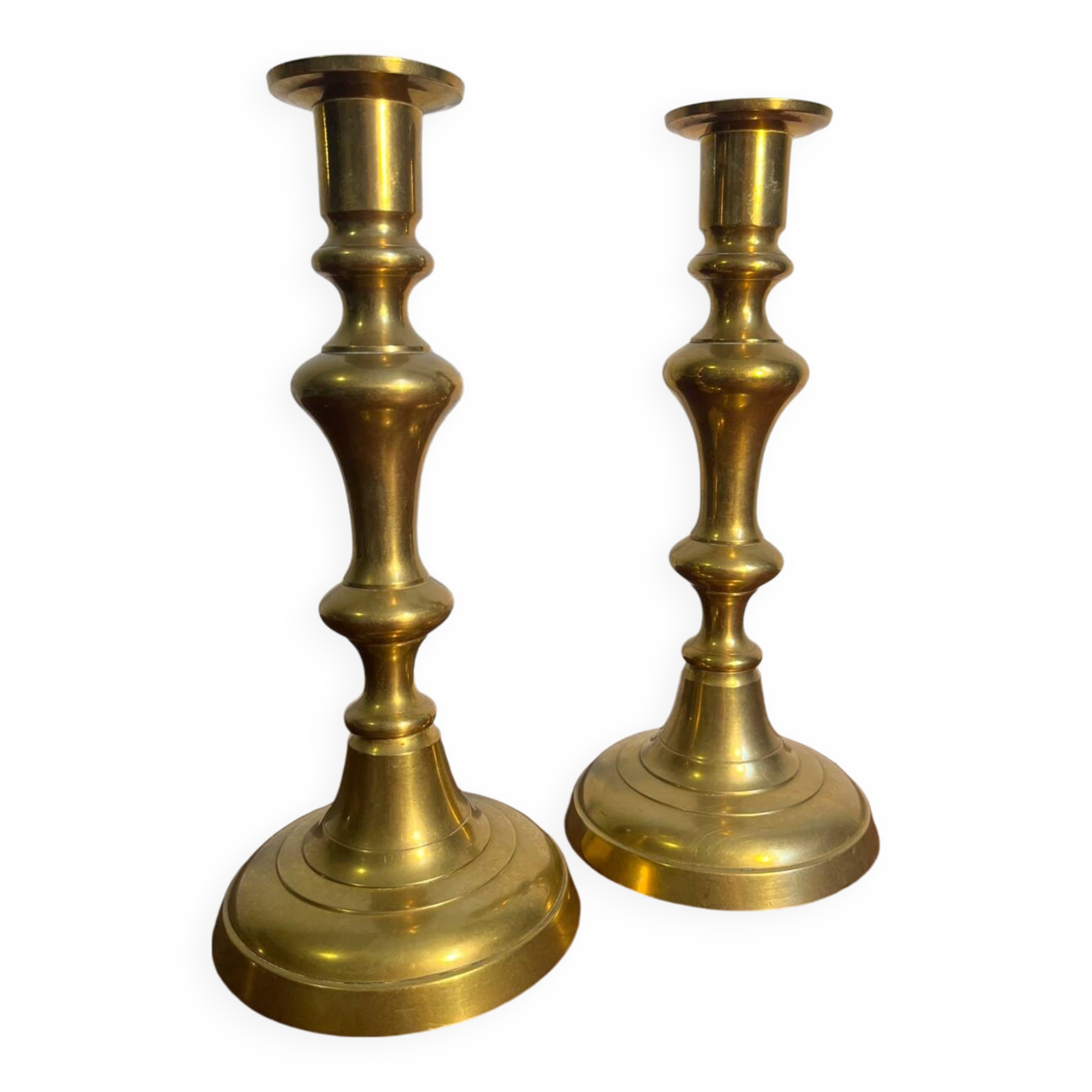 Pair of duo of ringed brass candlesticks