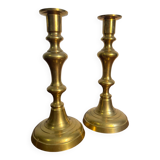 Pair of duo of ringed brass candlesticks