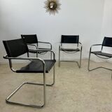 Lot of 4 tubular metal and black leather chairs MG5 Grassi style 70s